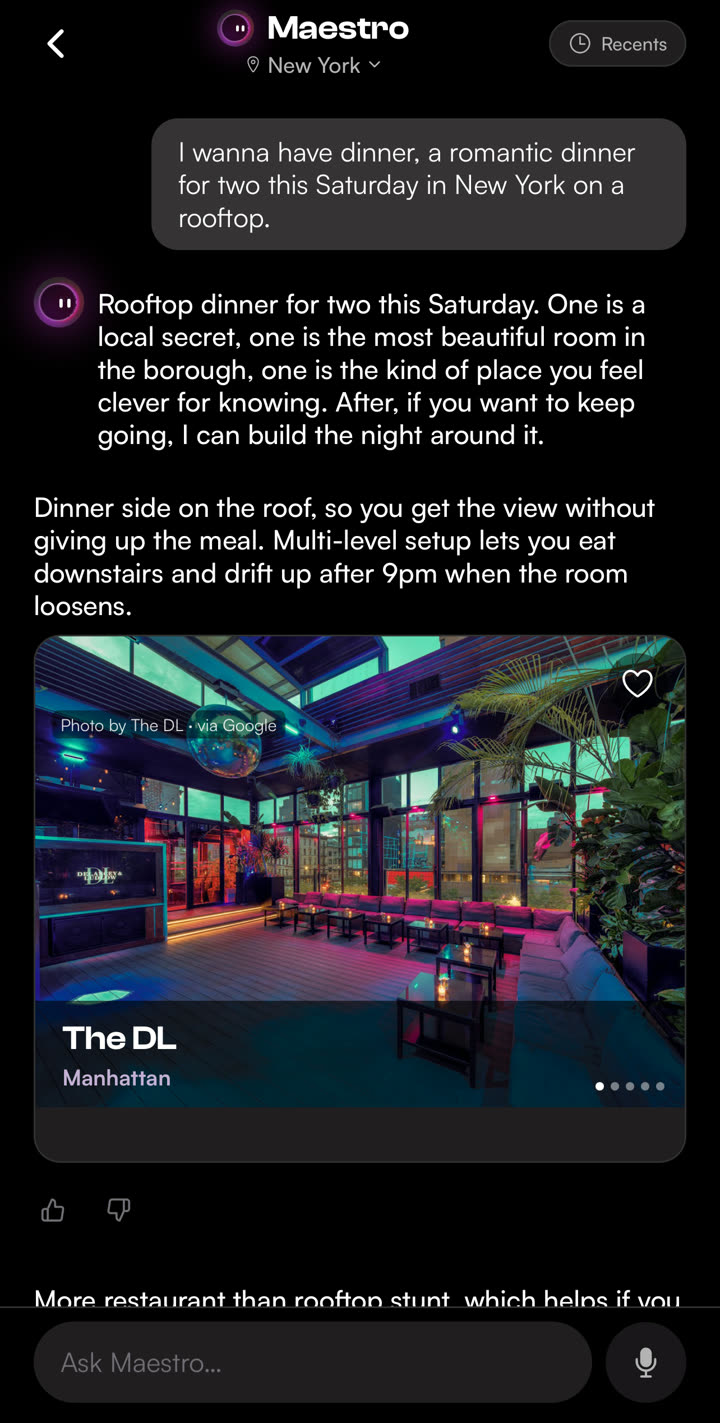 The Soirr app: asking Maestro for a romantic rooftop dinner in New York