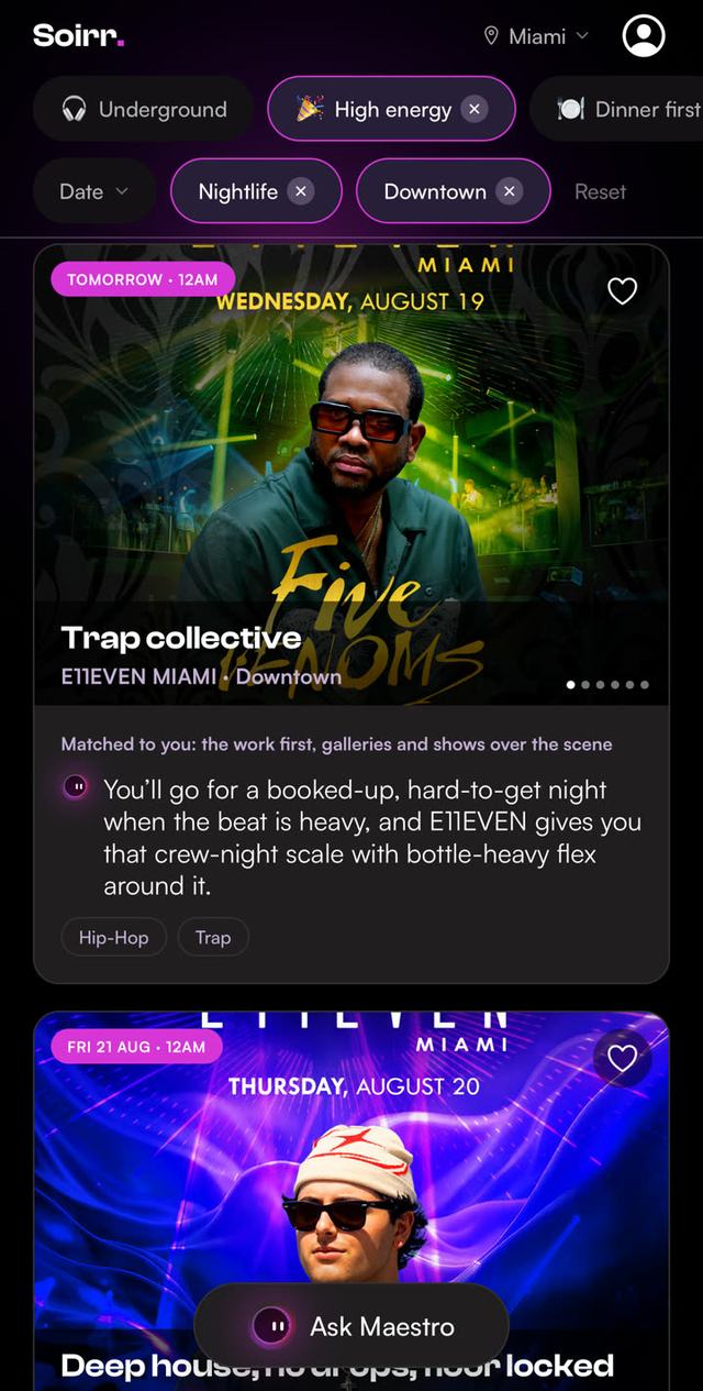 The Soirr app: Miami events matched to your taste, each with the reason why