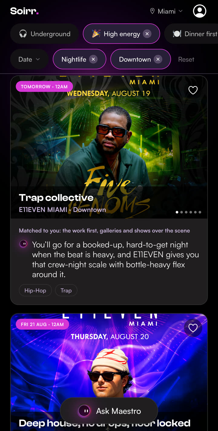 The Soirr app: Miami events matched to your taste, each with the reason why