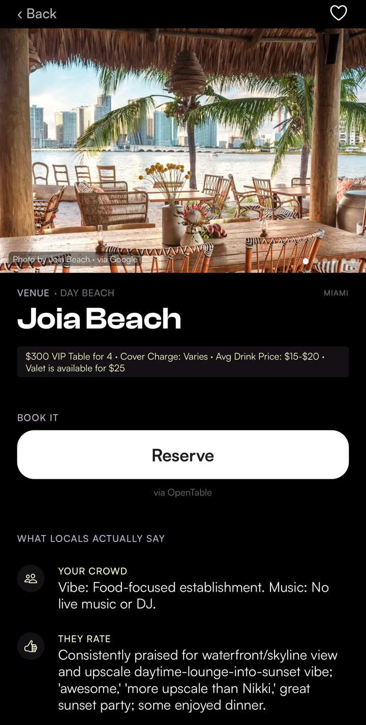 The Soirr app: a venue page with real prices and one-tap reservation